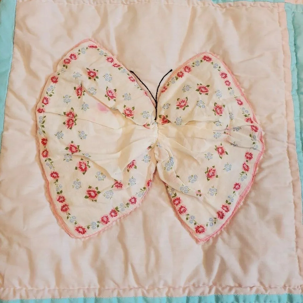 Vintage Butterfly Floral Quilt Tapestry Embroidered Pastel Blue‎ Pink 42 x 42